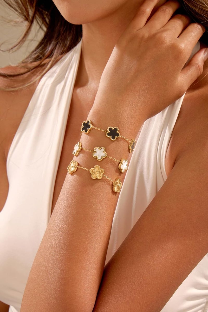 Funio Four Leaf Clover Bracelet Set for Women - 3Pcs 18K Gold Plated Flower Lucky 4 Leaf Link Bracelet Jewelry Gift for Women Van Cleef - Image 4